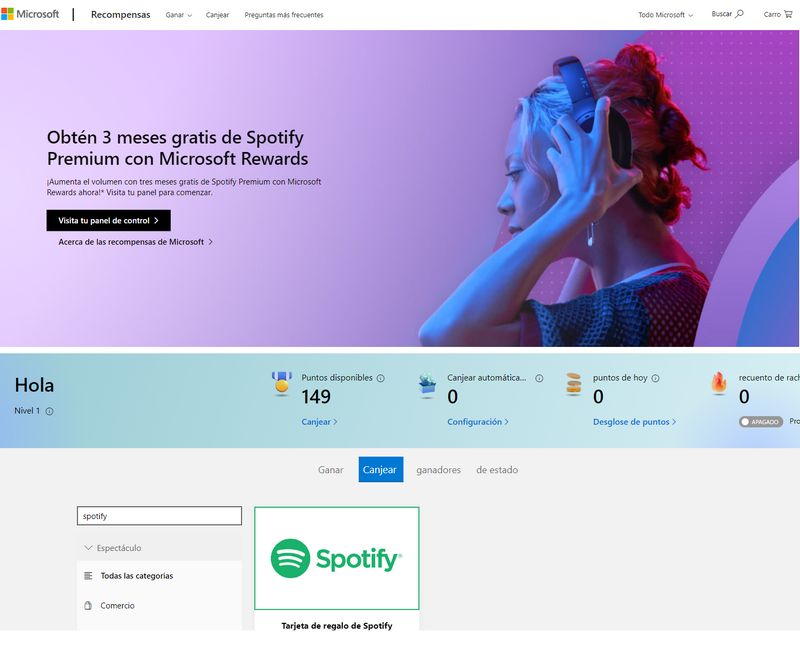 canjear spotify premium a través de Microsoft Rewards