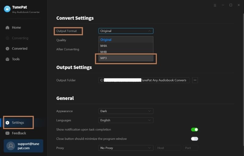 change output settings