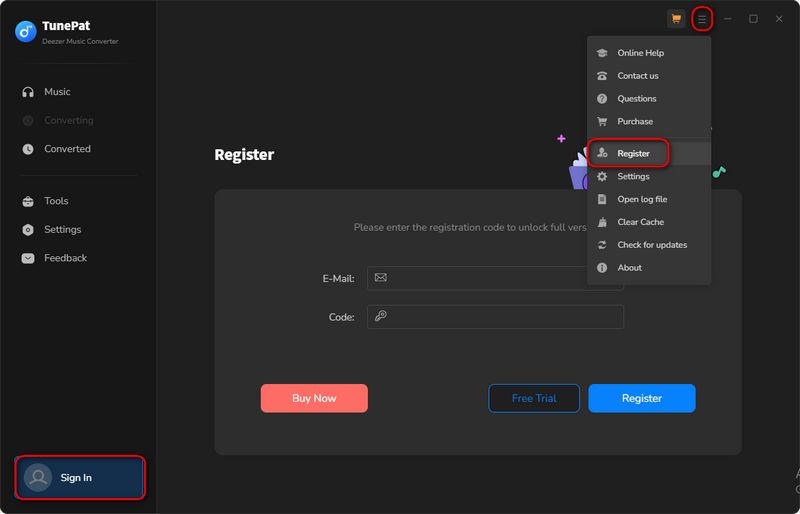 Register TunePat Deezer Music Converter