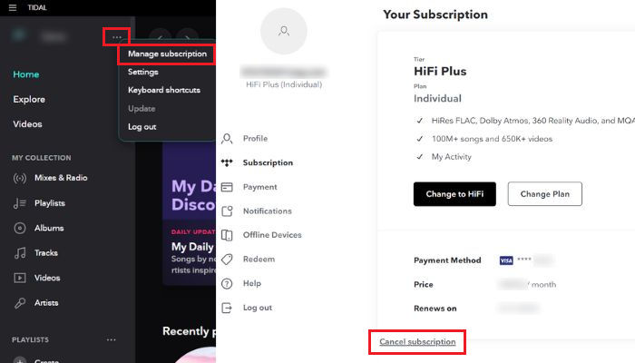 cancel tidal subscription on desktop app