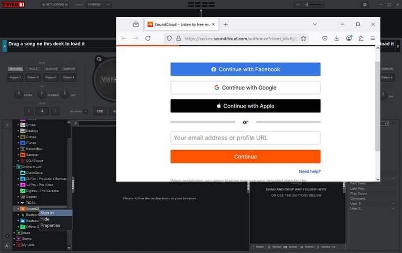 soundcloud login on virtualdj
