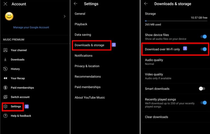check youtube music download settings