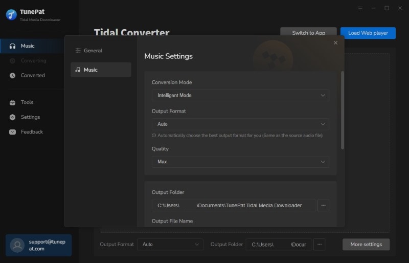 tidal music output settings