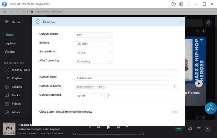 change tidal music output parameters