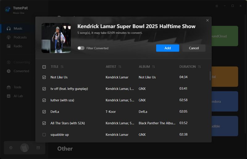 add super bowl playlist to tunepat