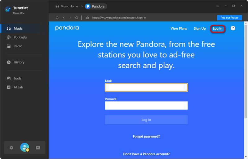 log in to Pandora