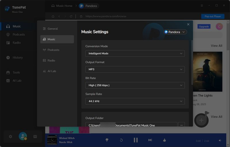 music one settings pandora