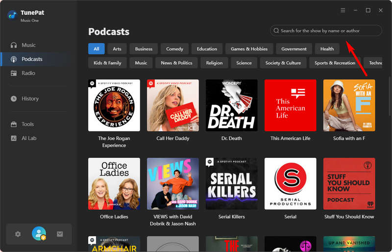 find out podcasts on TunePat Music One