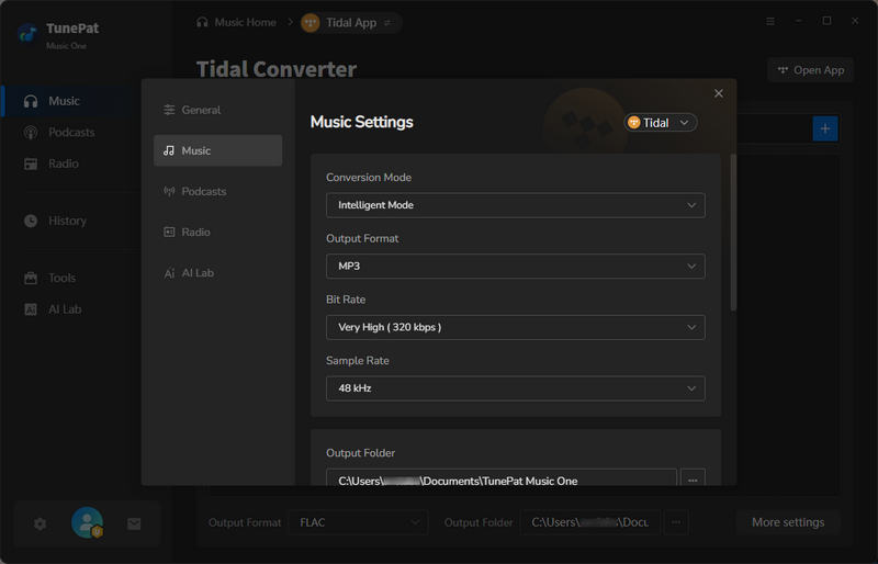 output settings tidal songs
