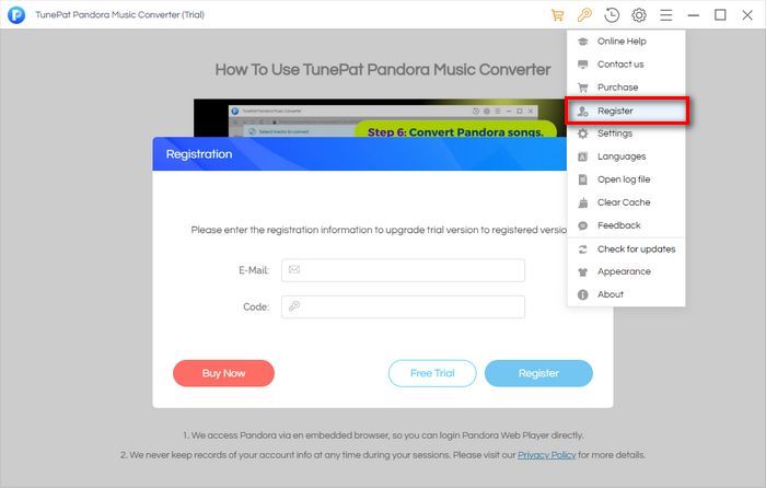Register TunePat Pandora Music Converter Win