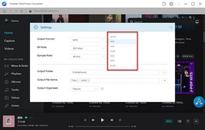 set up the output format of Tidal Music