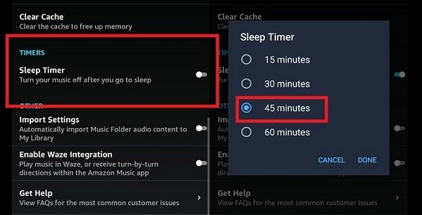 amazon music app sleep timer