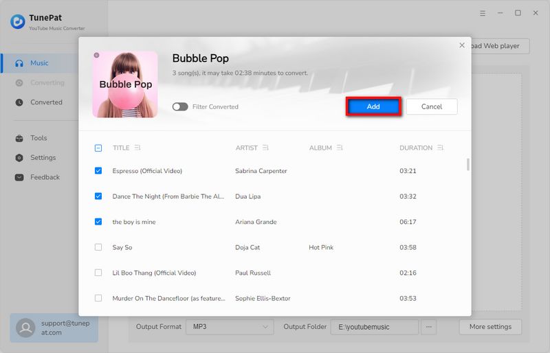 add youtube songs to TunePat to convert