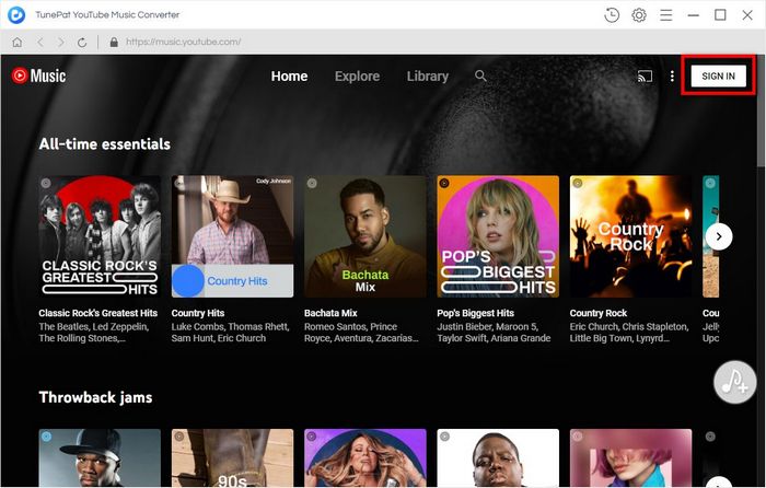 log in to youtube music account on TunePat