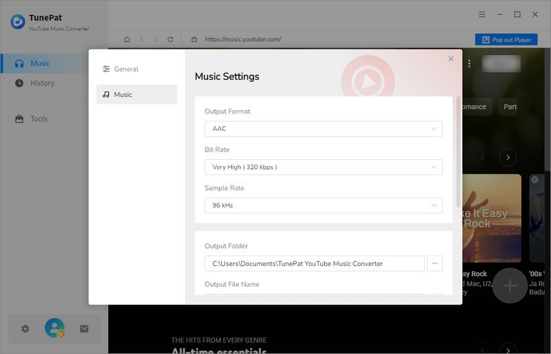 tunepat youtube converter settings