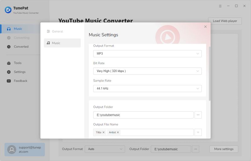 finish the output settings of youtube music and videos