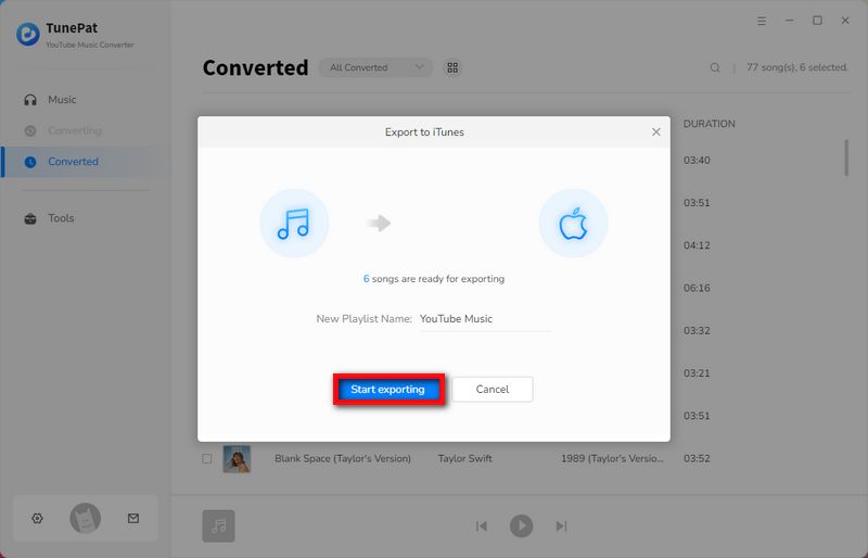 start transferring youtube music to itunes