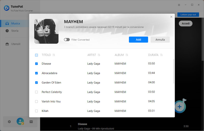 aggiungi musica di YouTube a tunepat