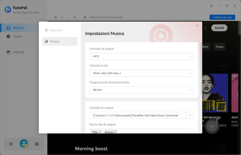 personalizza i parametri di output